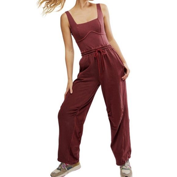 Free People Movement Sz Large Womens Crimson Red Inbound Romper Jumpsuit - Picture 2 of 16